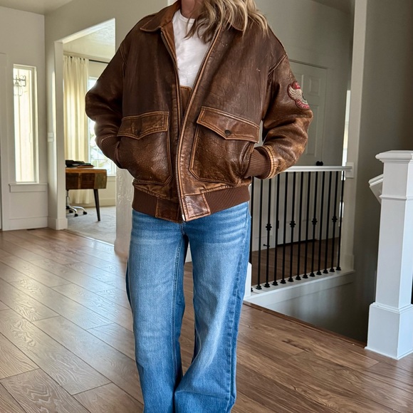 Brown Leather Bomber Jacket - Picture 1 of 5